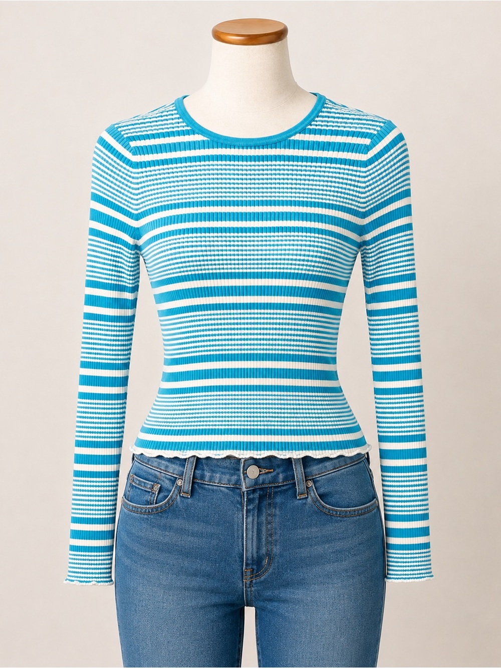 Michael Kors Teal & White Striped Ribbed Crew Sweater